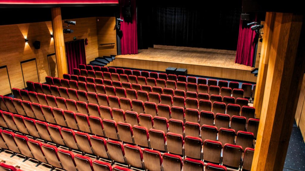 Zdjęcie wykonane z poziomu balkonu, ukazujące całą widownię sali widowiskowo-kinowej z lotu ptaka. Na pierwszym planie kilkanaście rzędów foteli z brązowymi siedziskami i czerwonymi oparciami, ustawionych amfiteatralnie na opadającym ku scenie parterze. W głębi kadru podwyższona scena z jasną drewnianą podłogą, zamknięta czarną kurtyną, po bokach której zwisają czerwone zasłony. Po lewej i prawej stronie ściany wykończone drewnianymi lamelami z kinkietami oraz reflektorami scenicznymi. Sufit ciemny z punktowym oświetleniem i czerwonym podświetleniem obwodowym. Przy scenie widoczne schody zejściowe oraz monitory odsłuchowe. Sala sprawia wrażenie przestronnej.
